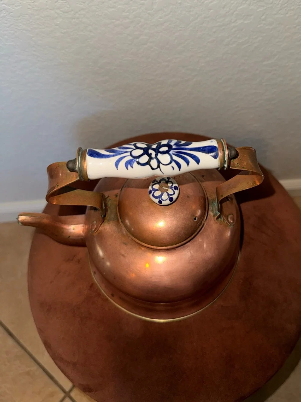 Vintage Copper and Brass Hand Painted Tea Kettle Made in Portugal